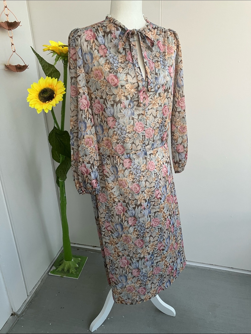 Vintage 70s Muted Pastel Floral Print Long Sleeve Pussybow Sheer Midi Dress